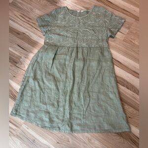 Terzo Millennio Linen Dress (Made in Italy) Green Embroidered Short Sleeve Large